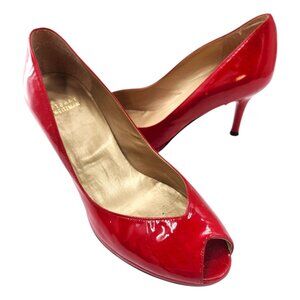 STUART WEITZMAN AUTH $399 Women Red Patent Leather Open Toe Linda Pump Size 9.5